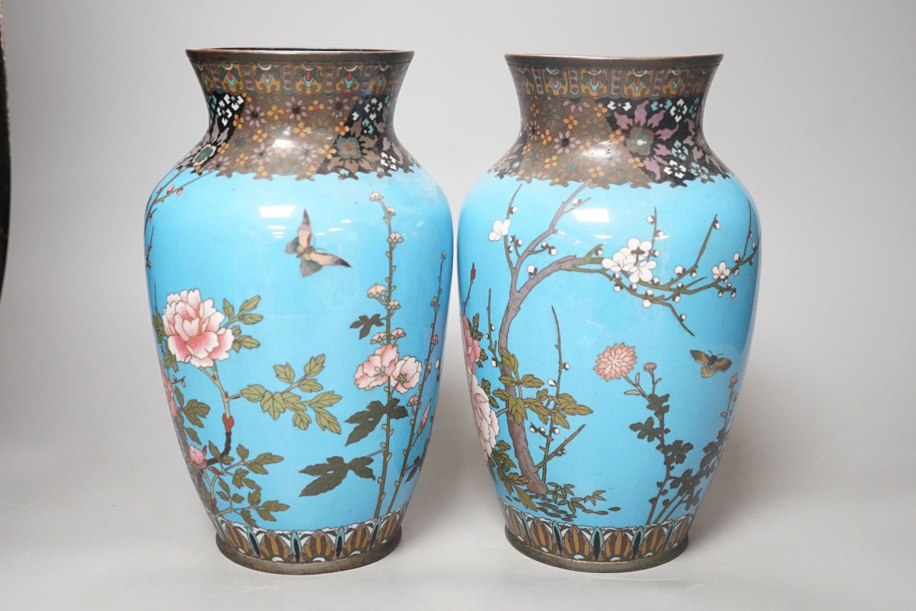 A pair of Japanese blue cloisonné enamel floral vases - 25cm tall